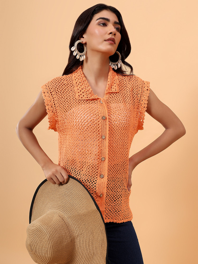 Image of Velvery Mesh Crochet Shirt - Orange