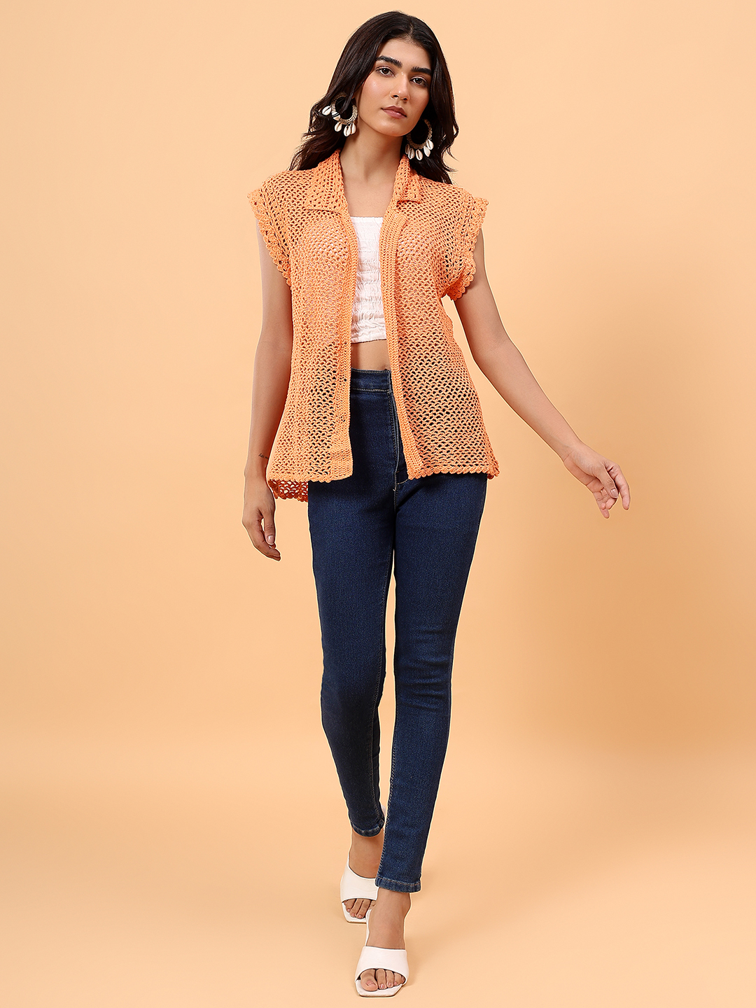 Velvery Mesh Crochet Shirt - Orange