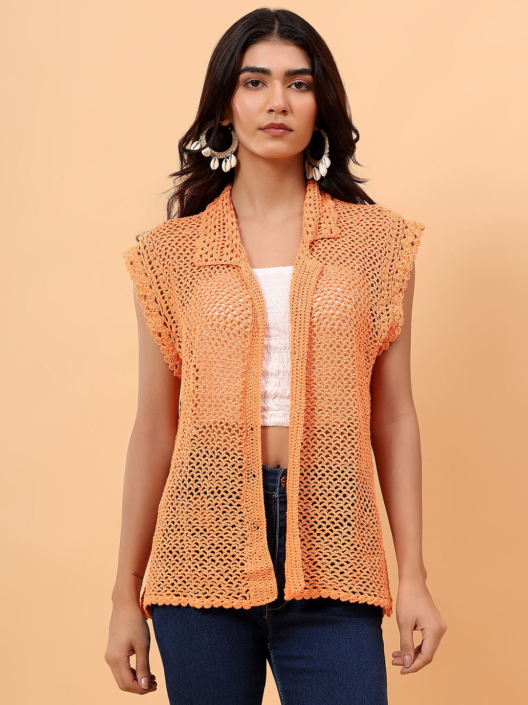 Velvery Mesh Crochet Shirt - Orange