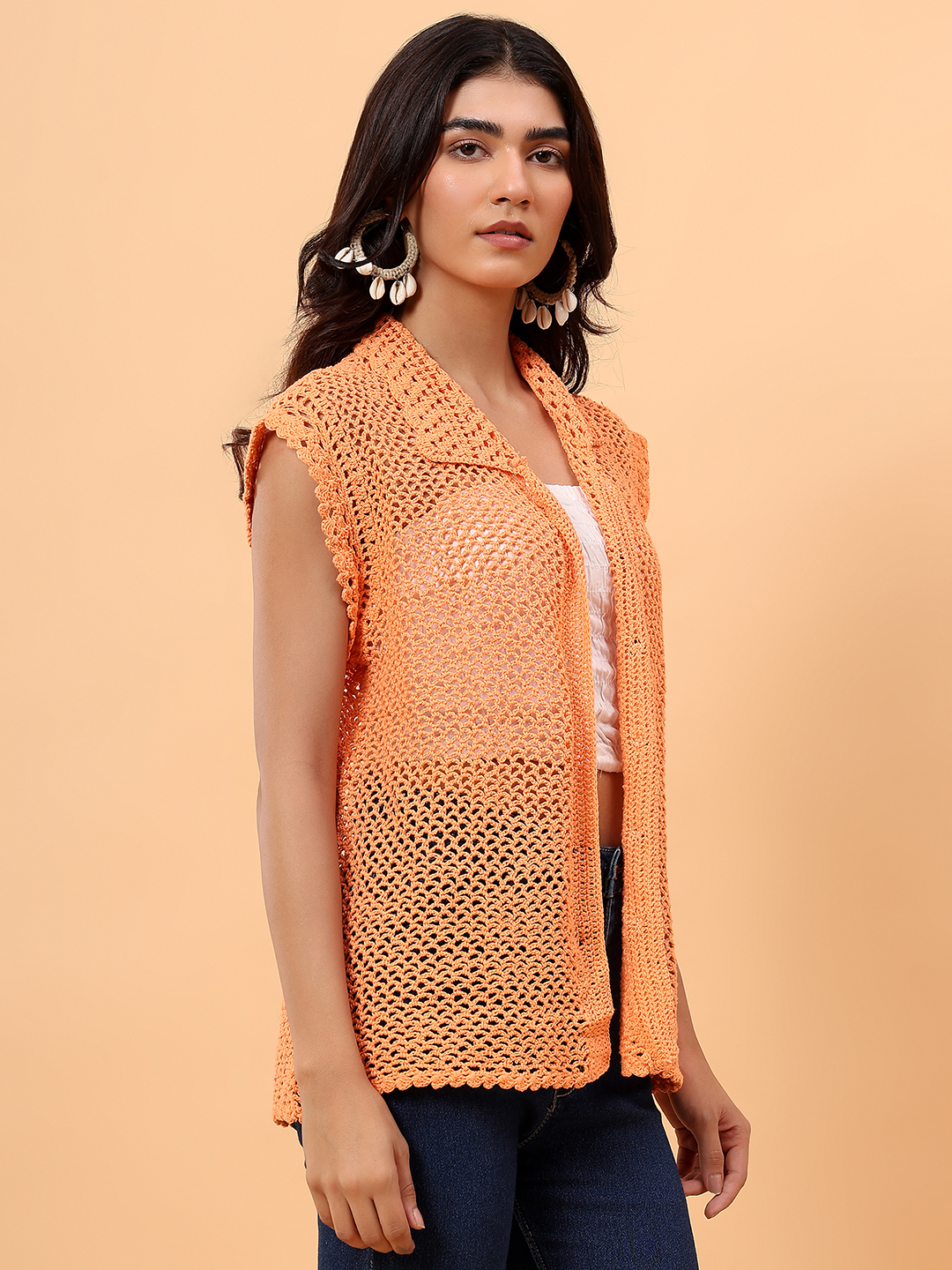 Velvery Mesh Crochet Shirt - Orange