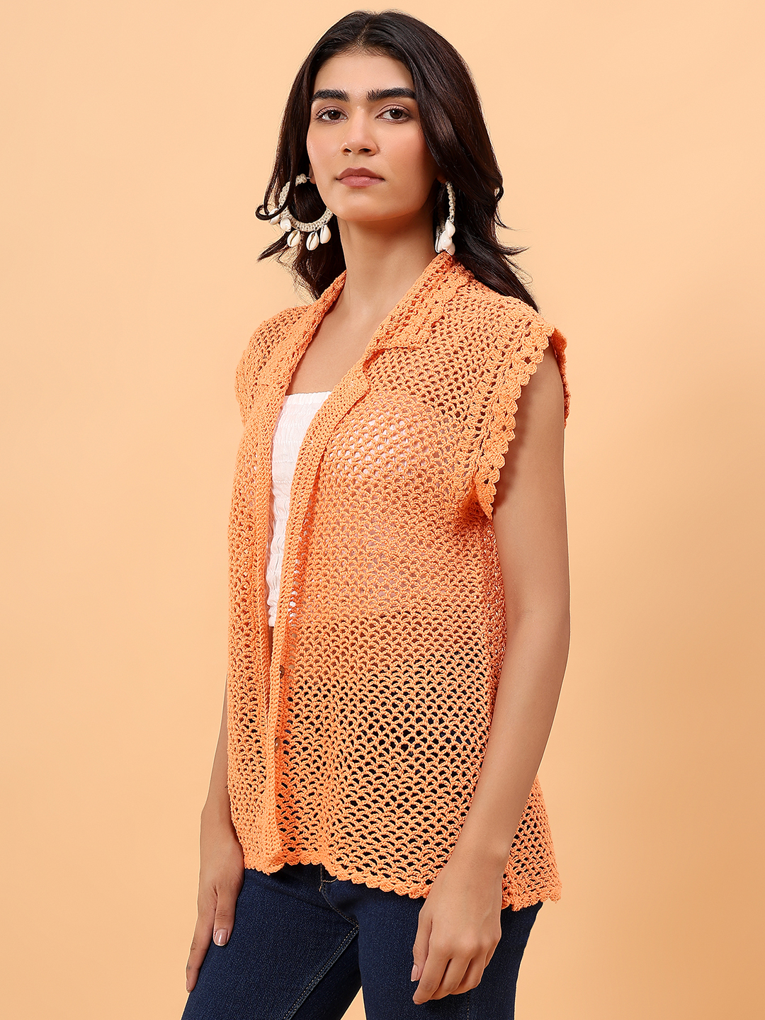 Velvery Mesh Crochet Shirt - Orange