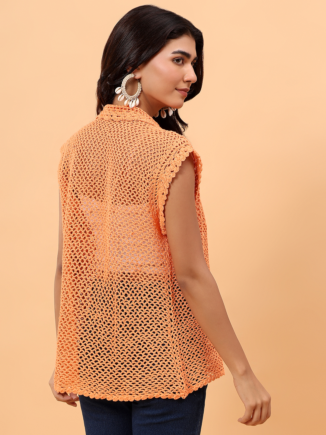 Velvery Mesh Crochet Shirt - Orange
