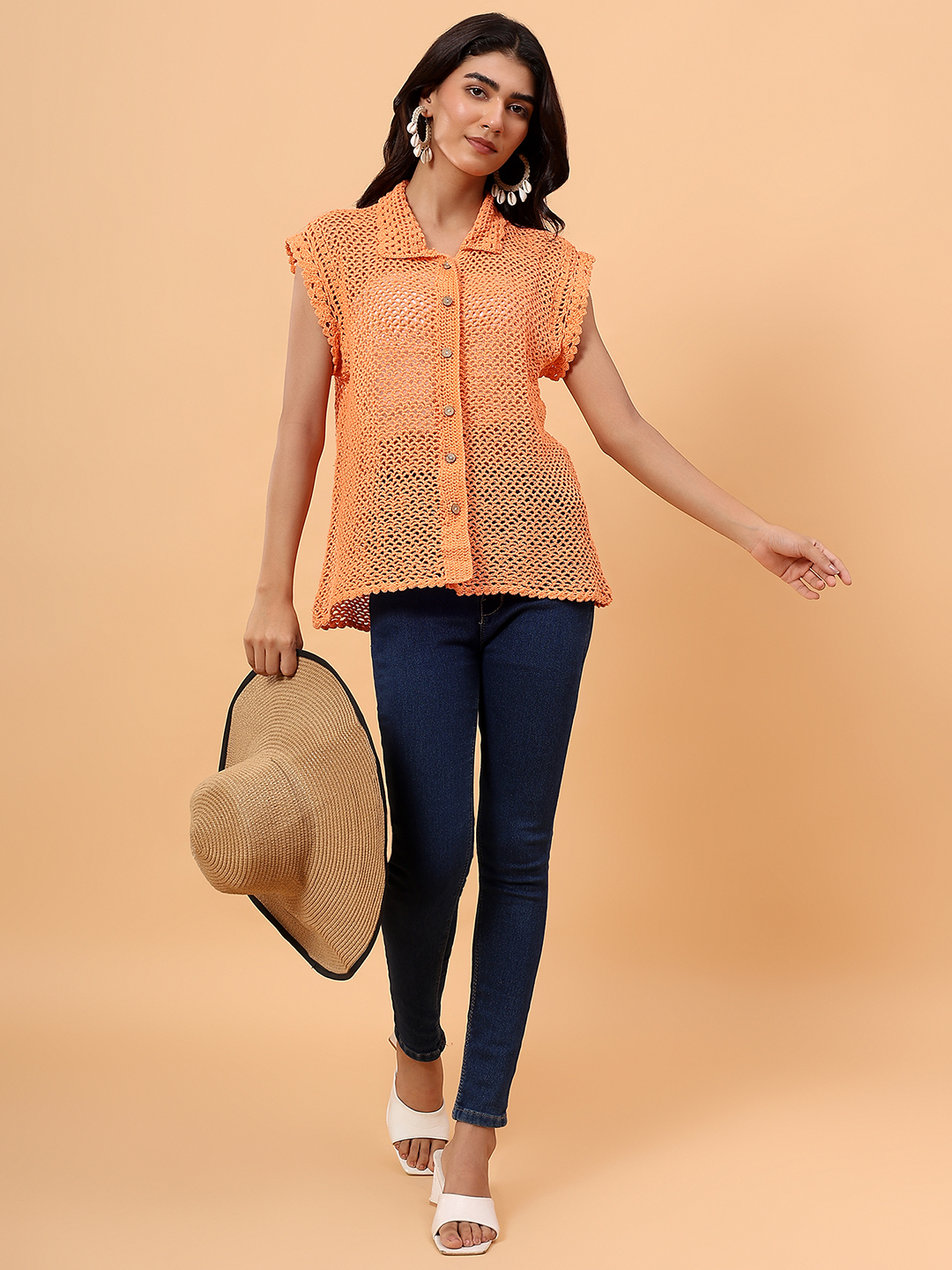 Velvery Mesh Crochet Shirt - Orange