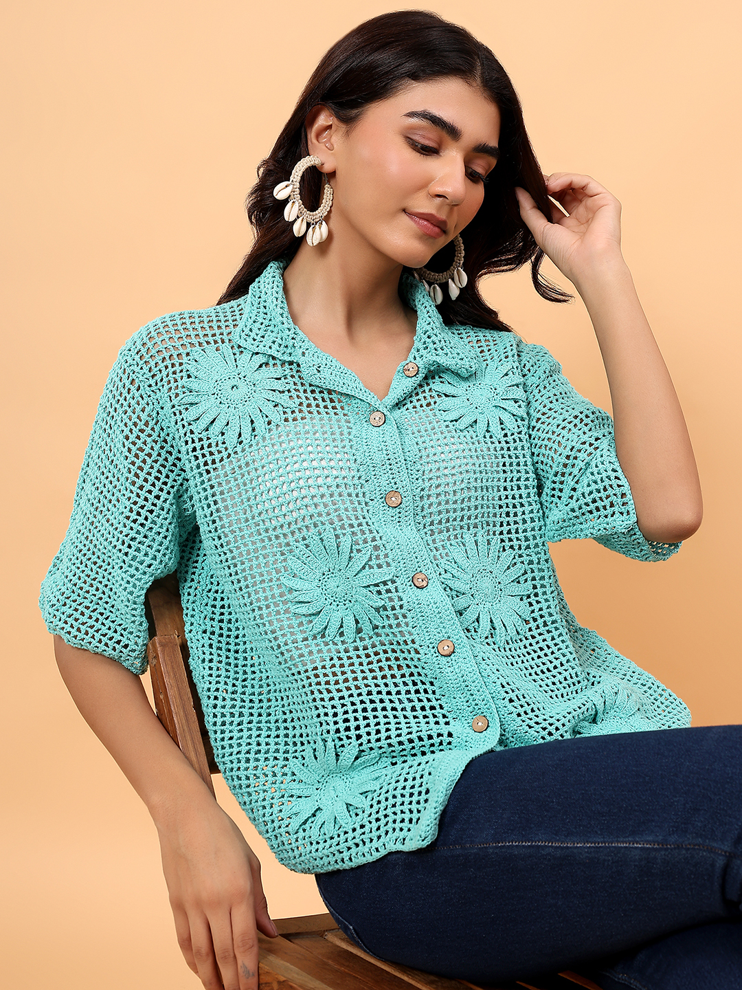 Velvery Cabana Crochet Shirt - Green