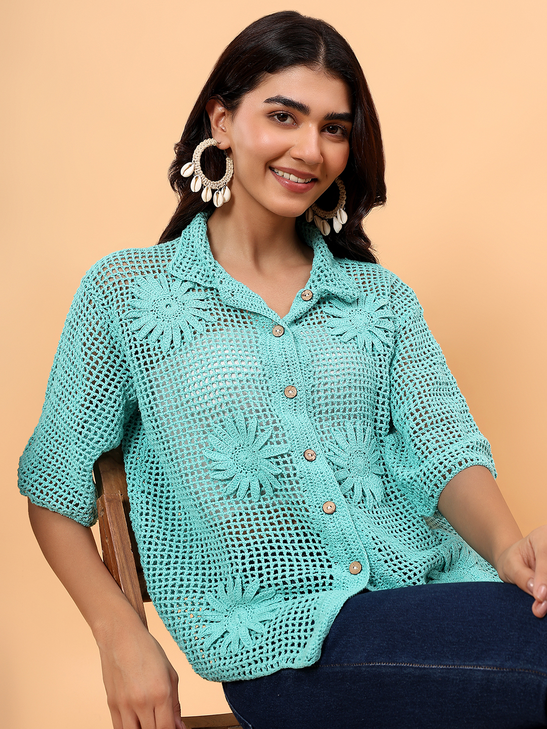 Velvery Cabana Crochet Shirt - Green