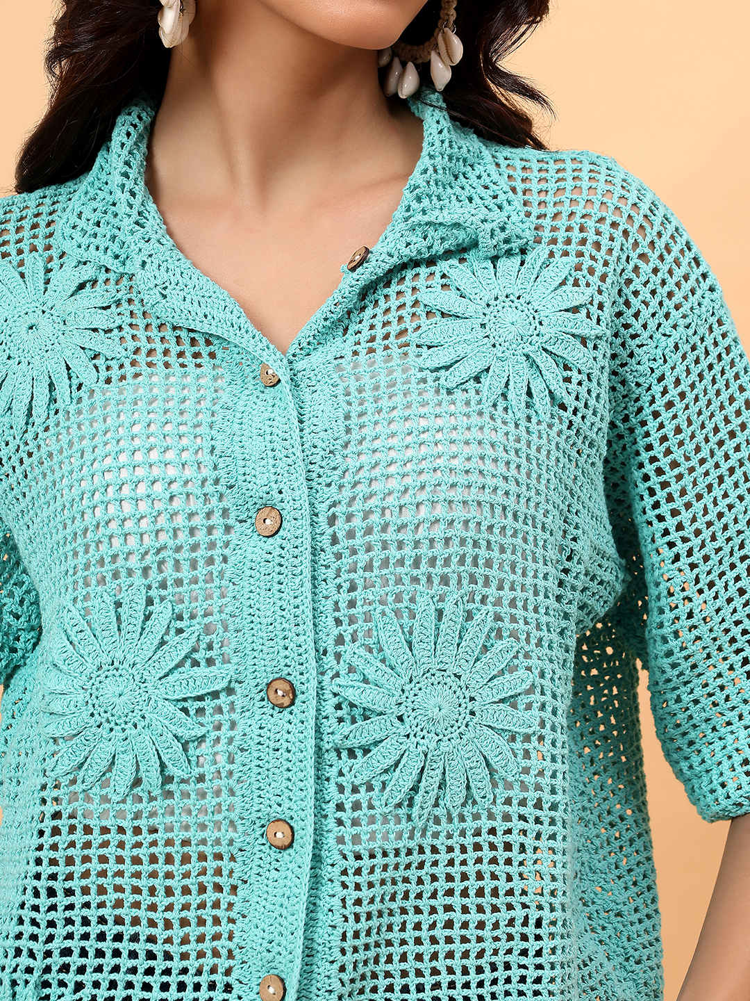 Velvery Cabana Crochet Shirt - Green