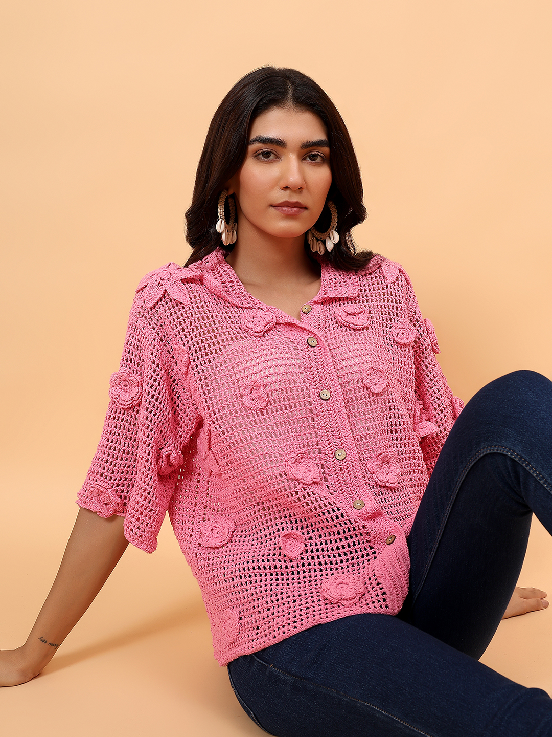 Velvery Airy Crochet Shirt - Pink