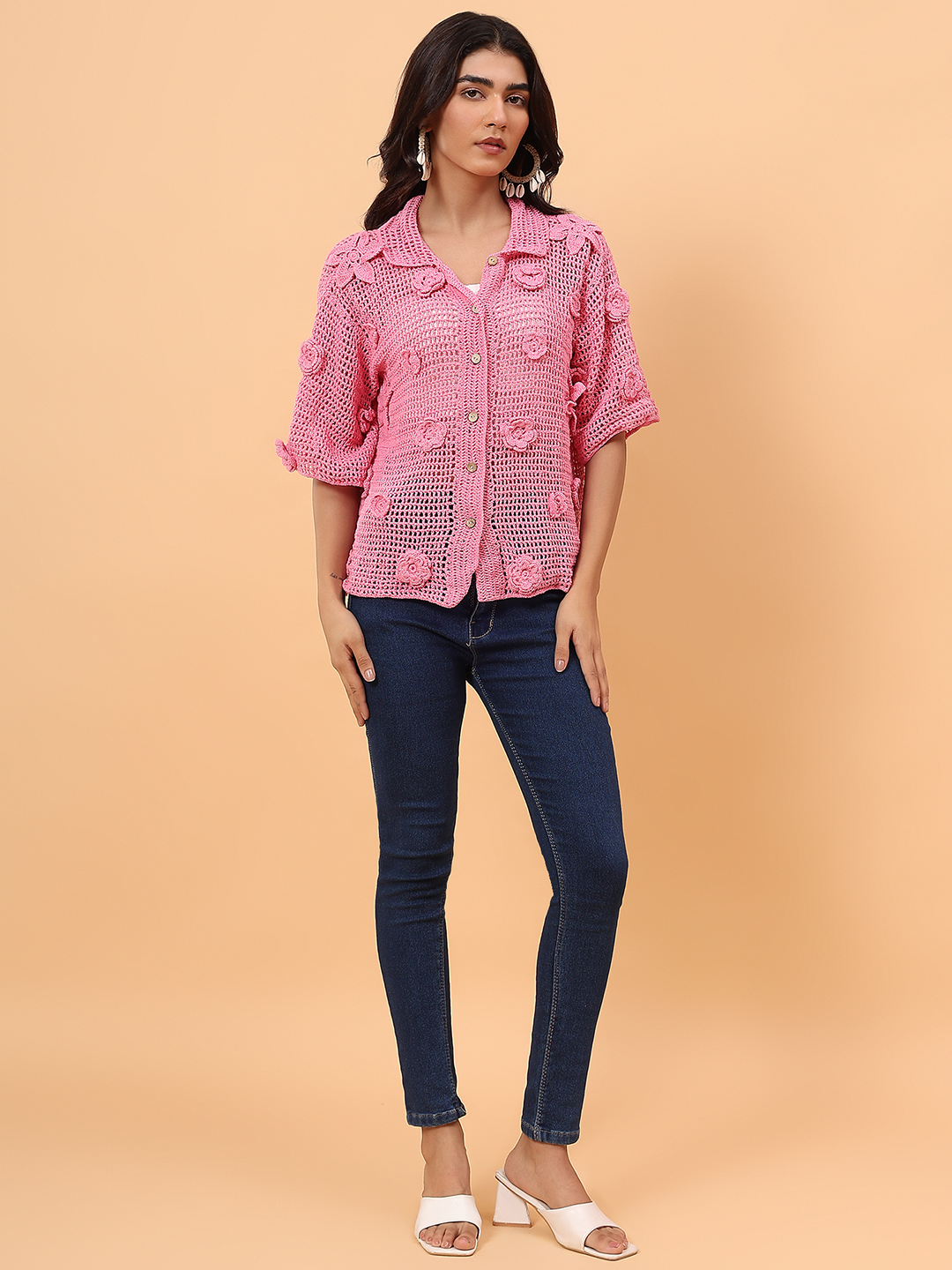 Velvery Airy Crochet Shirt - Pink