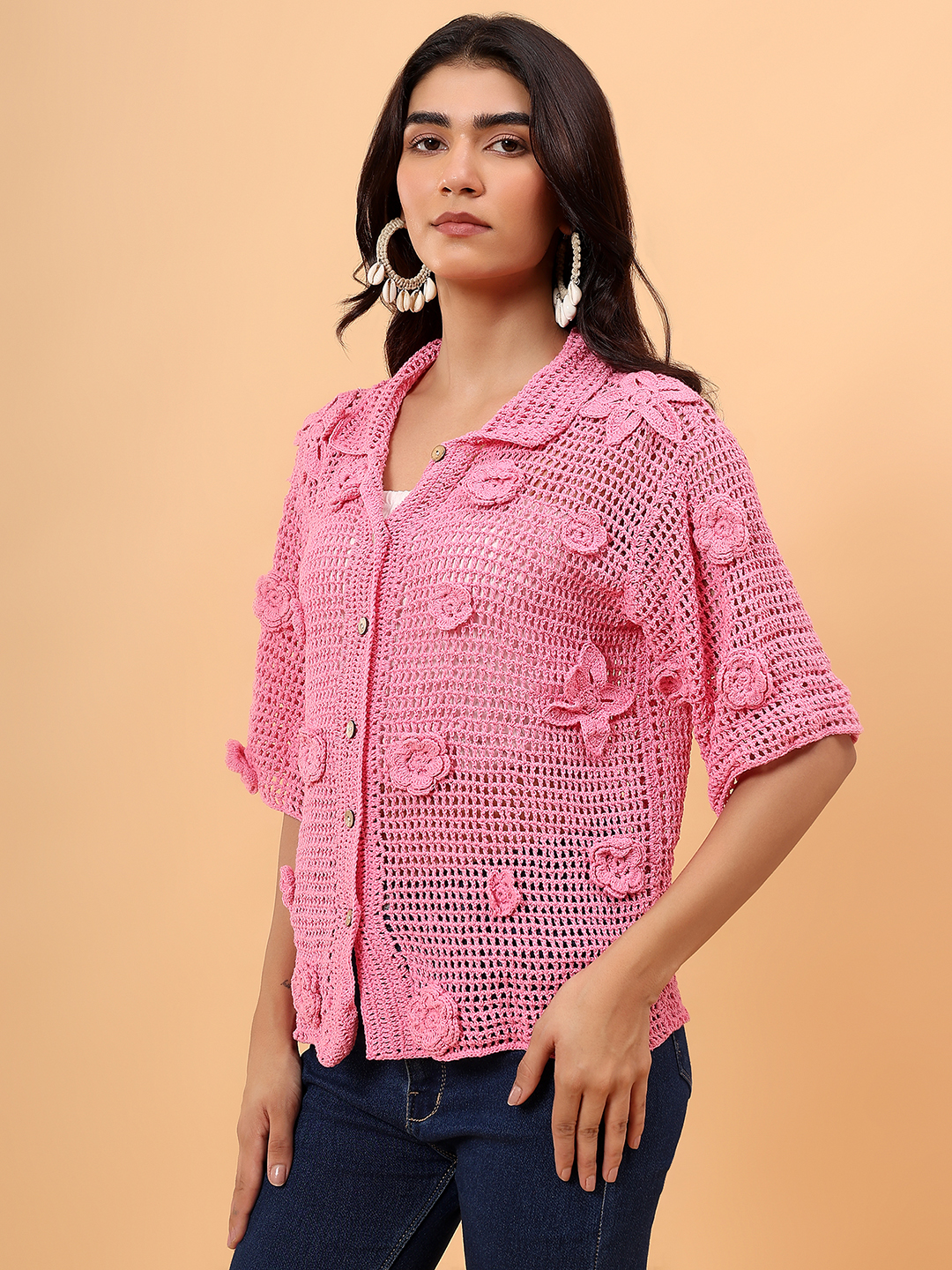 Velvery Airy Crochet Shirt - Pink