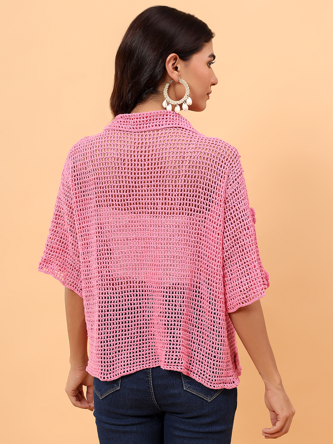 Velvery Airy Crochet Shirt - Pink