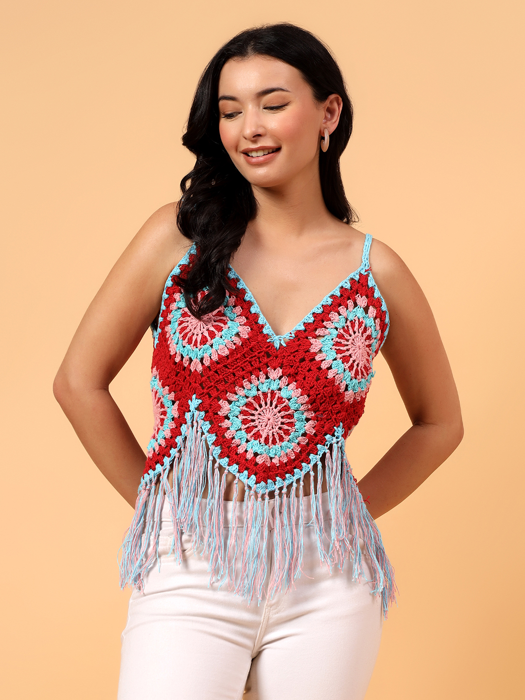 Velvery Fringes Granny Square Top  Multicolor