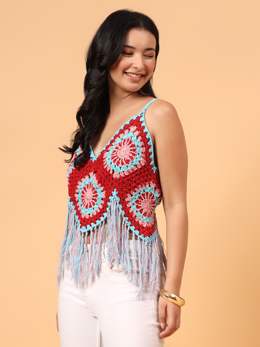 Velvery Fringes Granny Square Top  Multicolor
