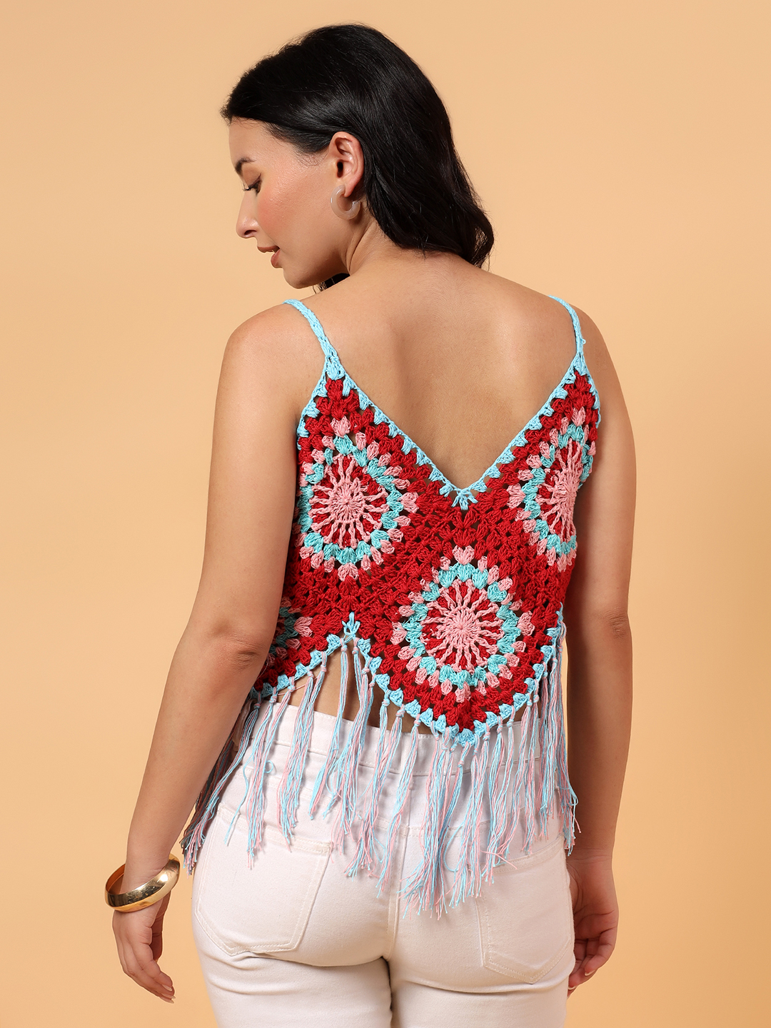Velvery Fringes Granny Square Top  Multicolor