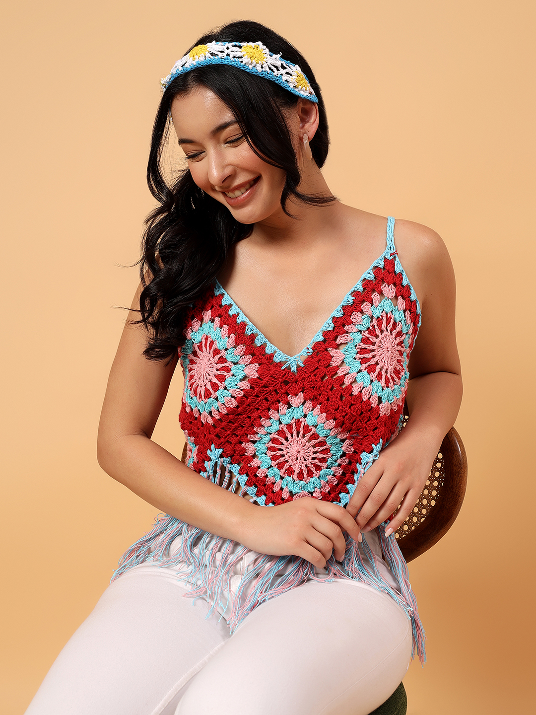 Velvery Fringes Granny Square Top  Multicolor