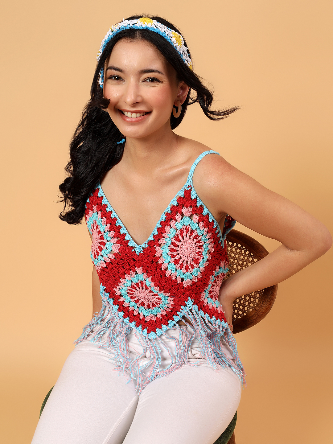 Velvery Fringes Granny Square Top  Multicolor