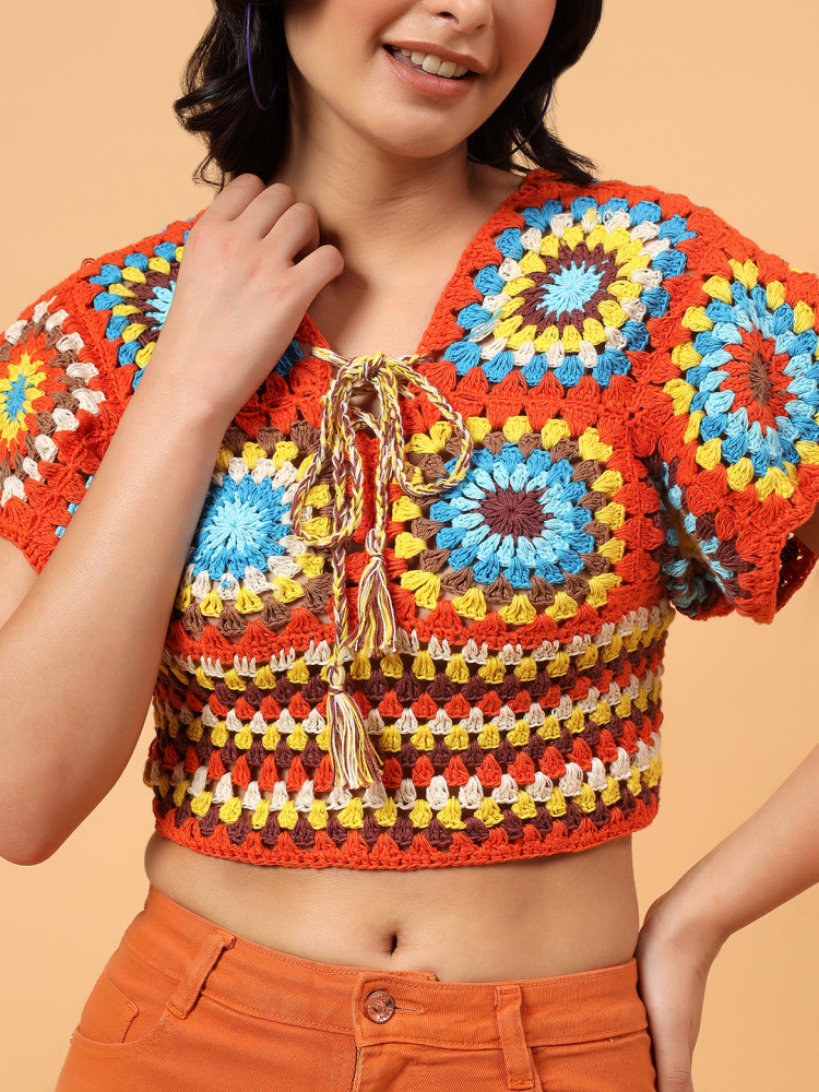 Image of Velvery Crochet Open Knit Blouse Top - Multicolor