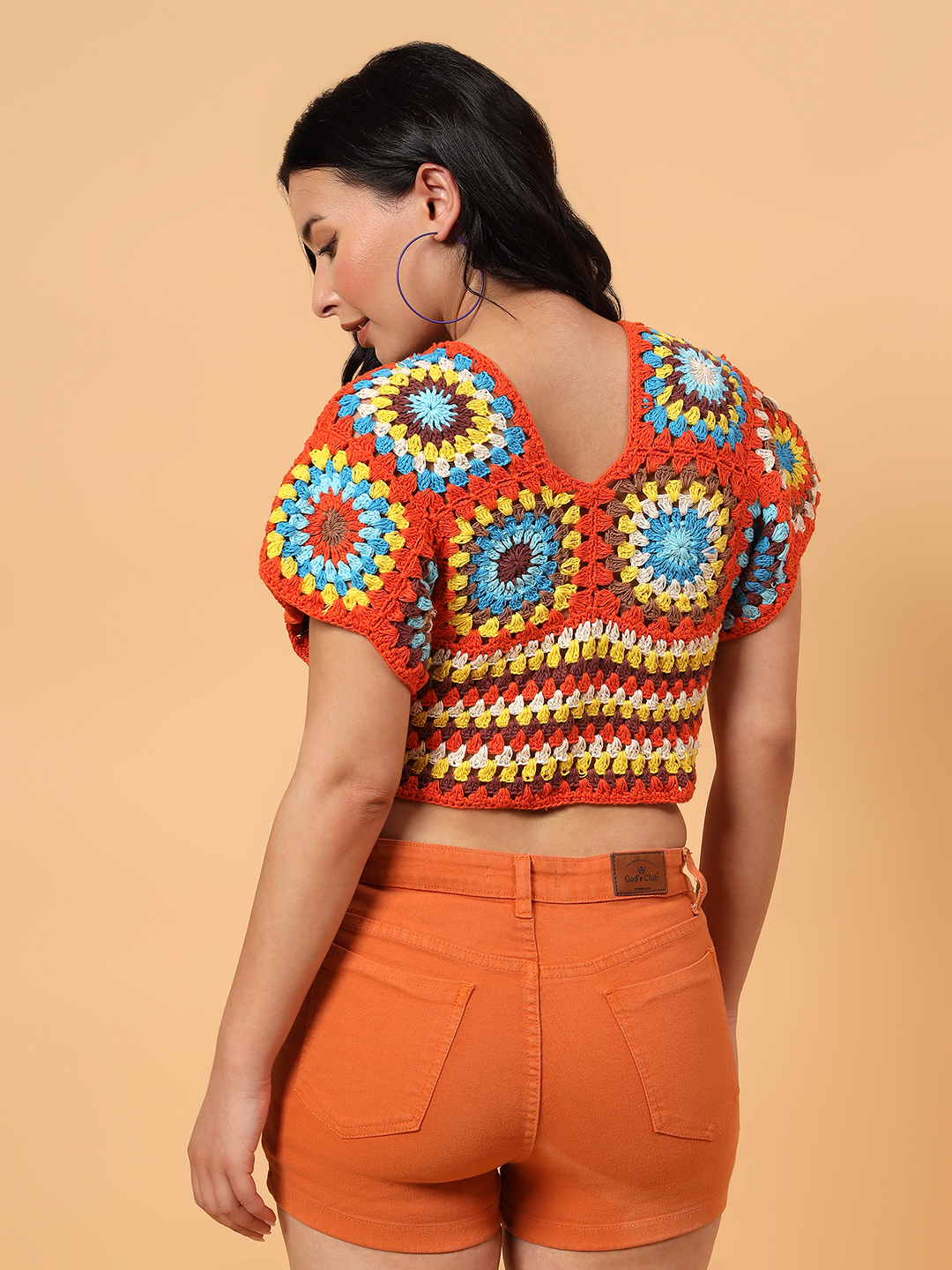 Velvery Crochet Open Knit Blouse Top  Multicolor