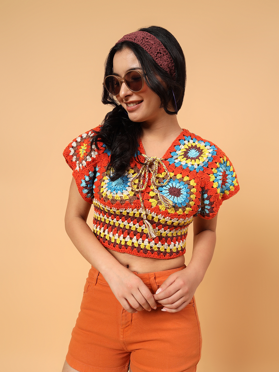 Velvery Crochet Open Knit Blouse Top  Multicolor