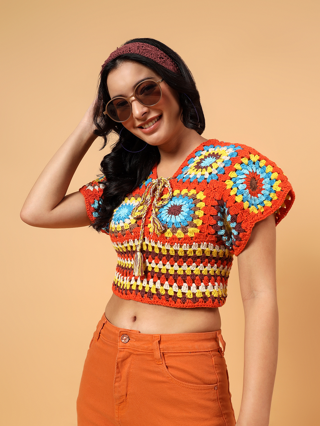 Velvery Crochet Open Knit Blouse Top  Multicolor