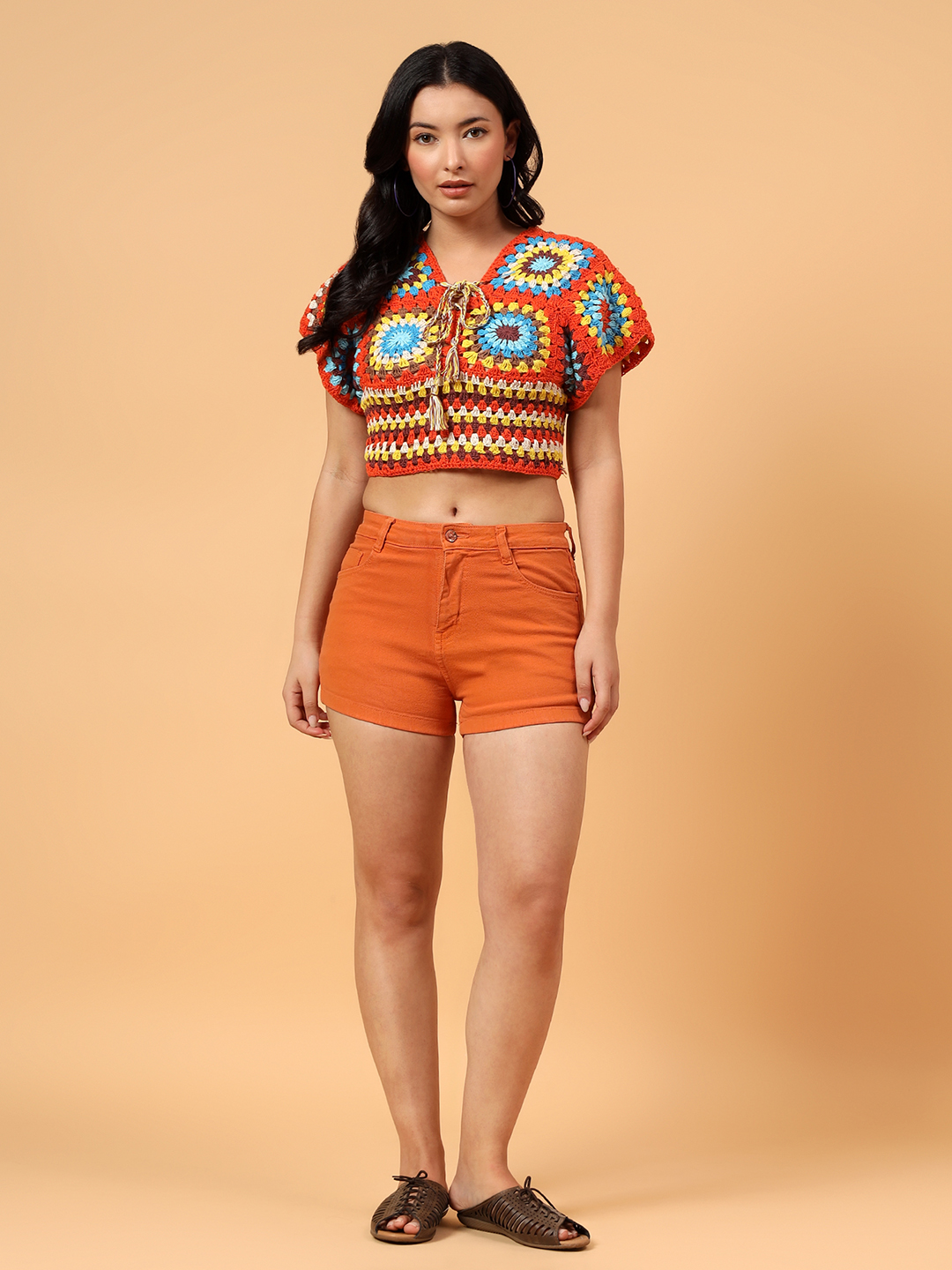 Velvery Crochet Open Knit Blouse Top  Multicolor