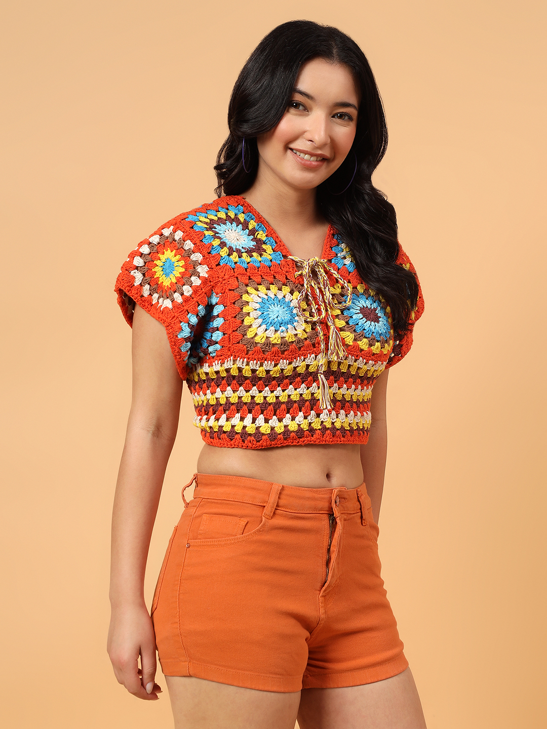 Velvery Crochet Open Knit Blouse Top  Multicolor