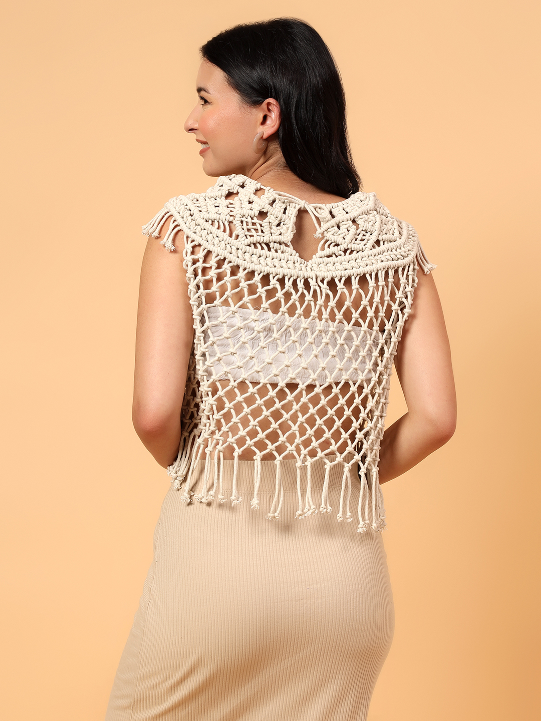 Velvery Macrame Tassel Top  Off White