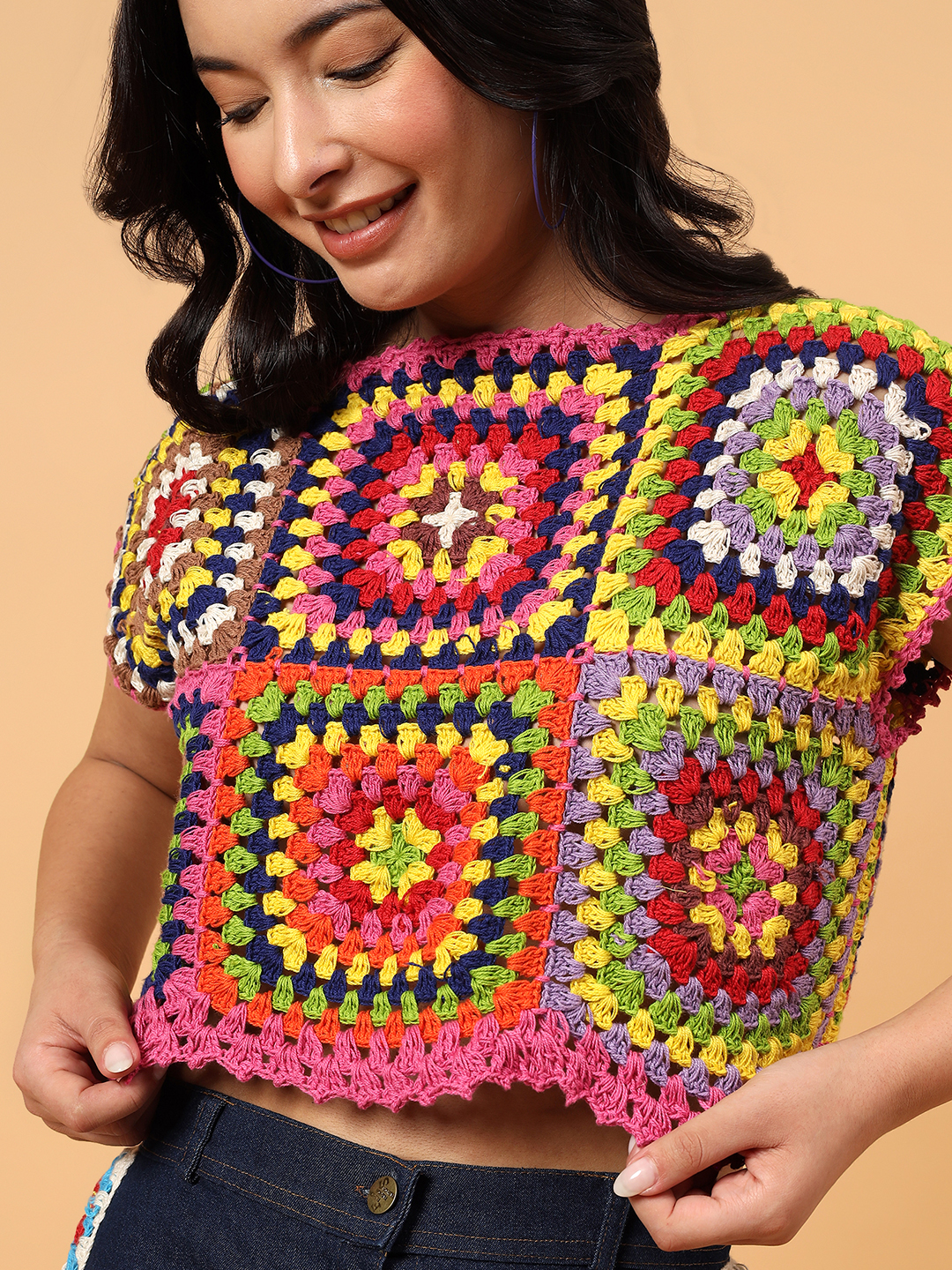 Velvery Granny Square Crop Top  Multicolor