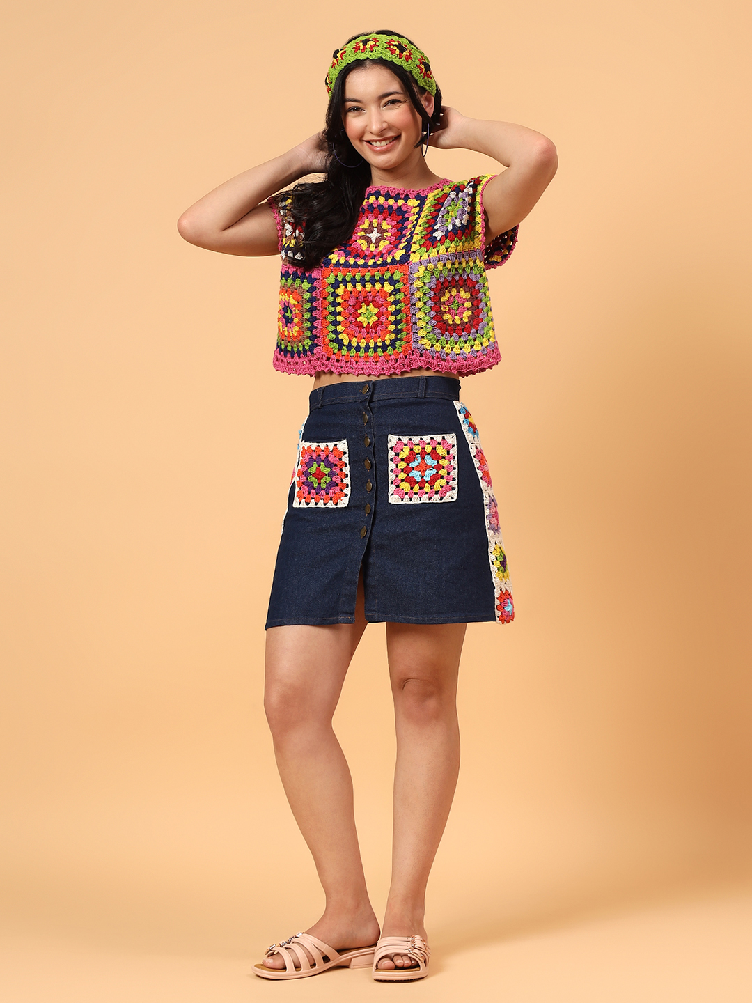 Velvery Granny Square Crop Top  Multicolor