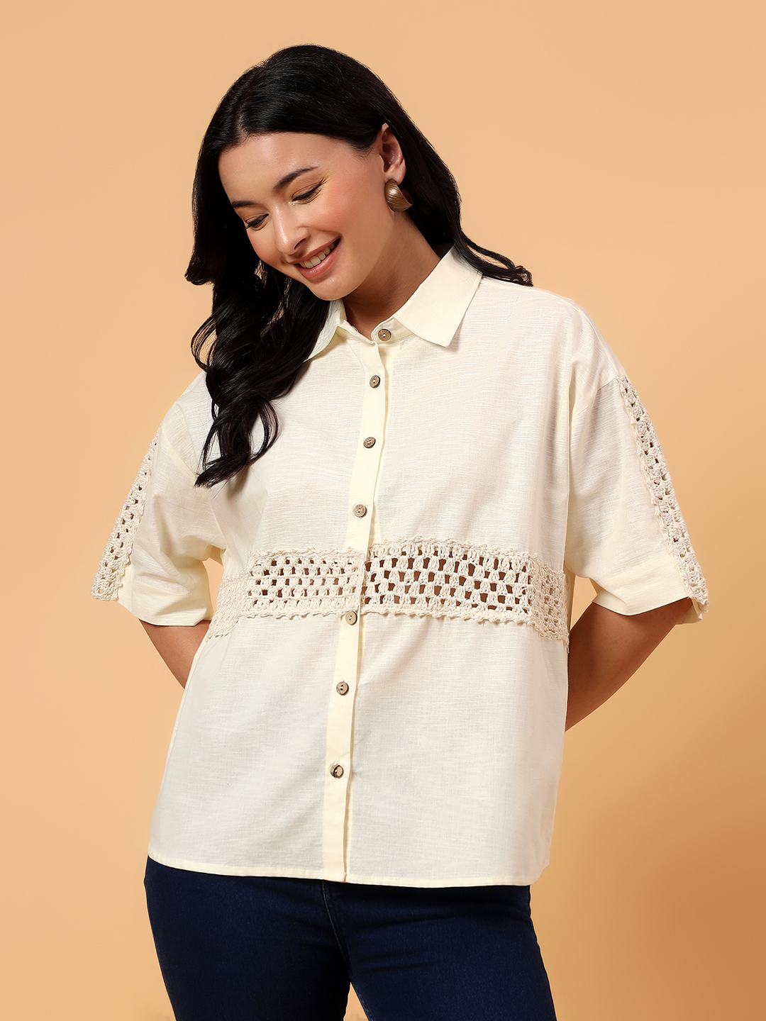 Velvery Crochet Half Sleeves Shirt  Off White