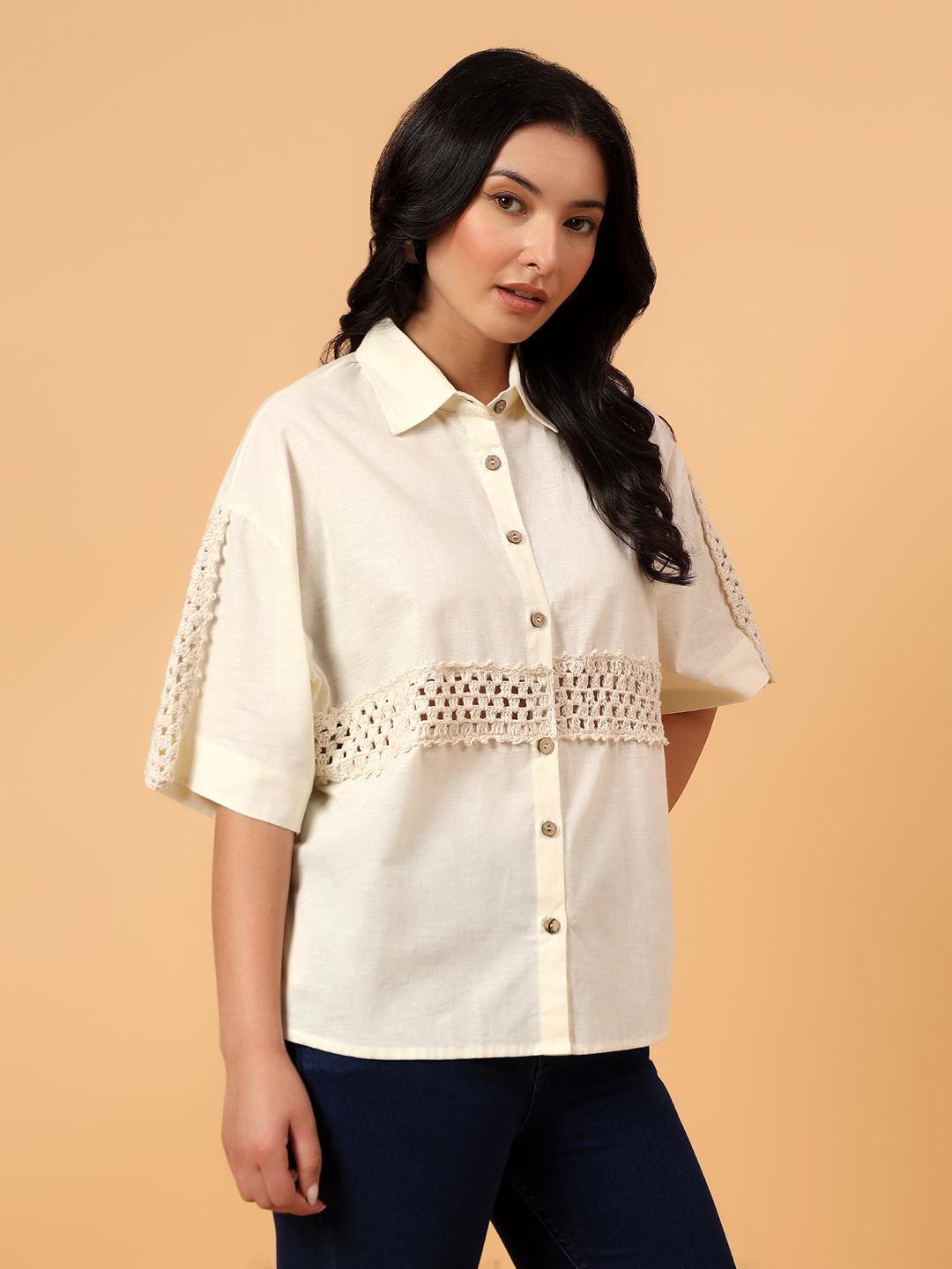 Velvery Crochet Half Sleeves Shirt  Off White