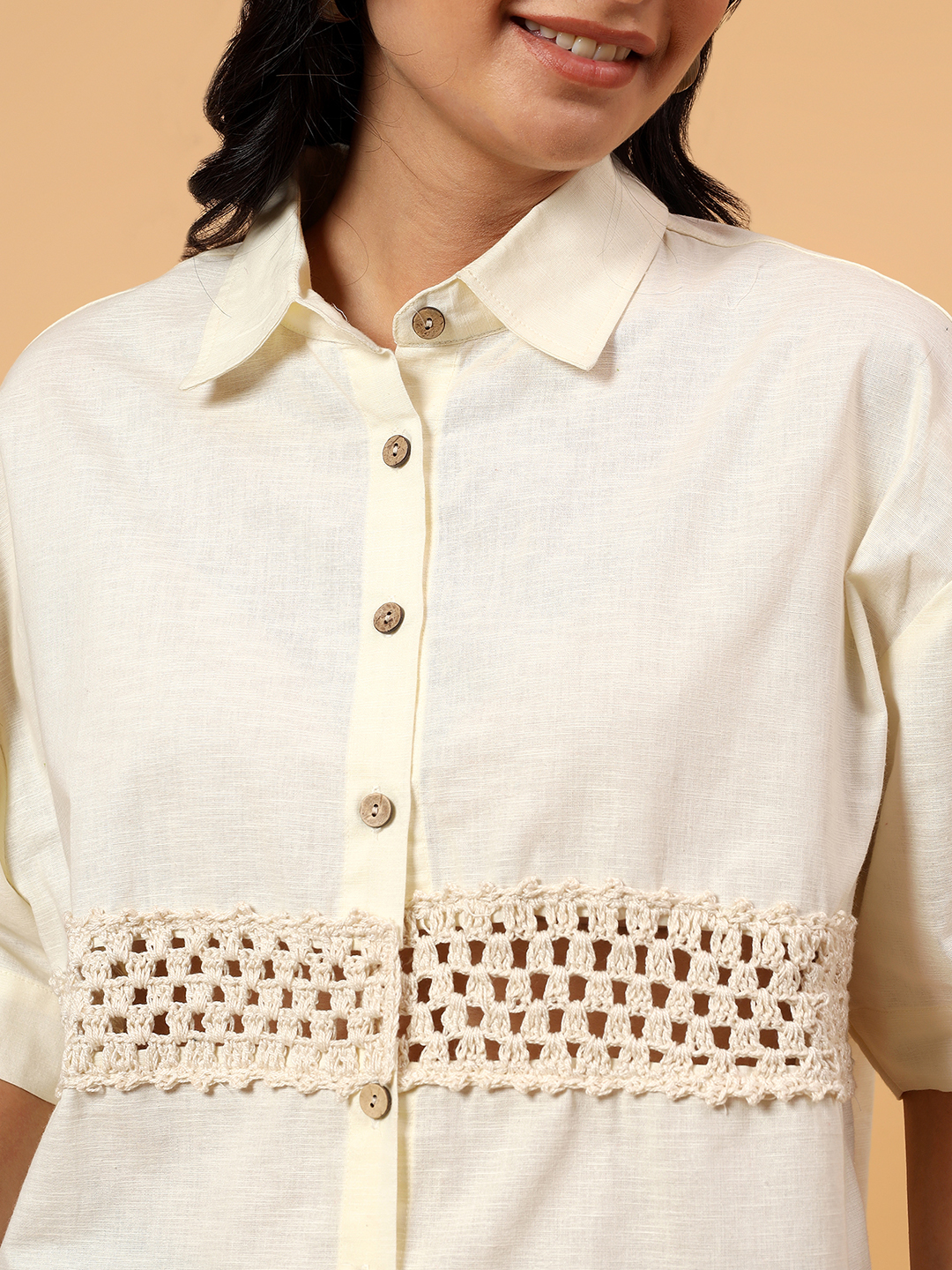 Velvery Crochet Half Sleeves Shirt  Off White