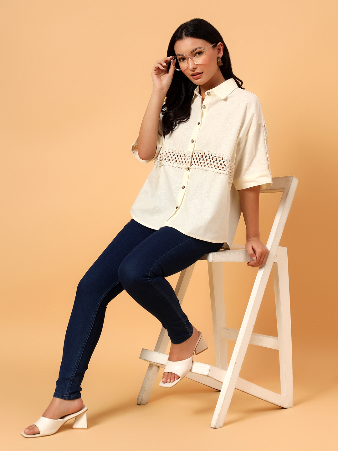 Velvery Crochet Half Sleeves Shirt  Off White
