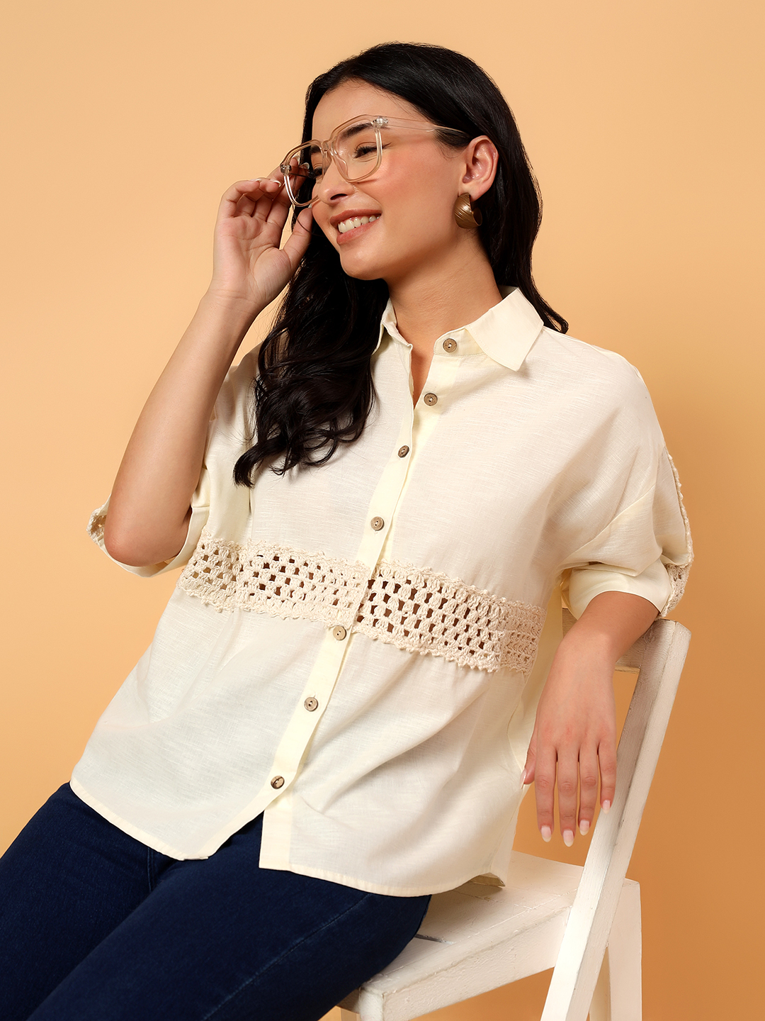 Velvery Crochet Half Sleeves Shirt  Off White