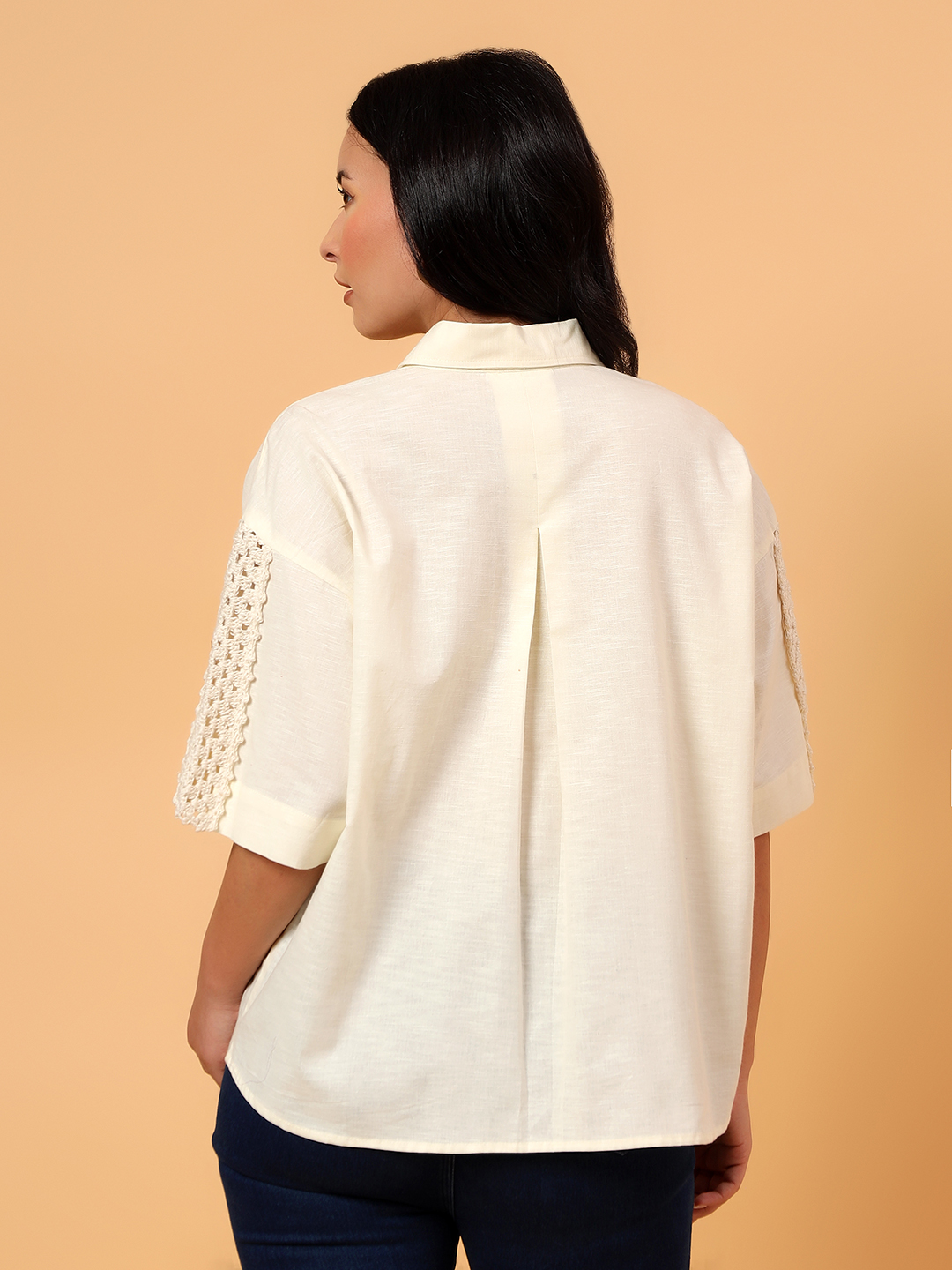 Velvery Crochet Half Sleeves Shirt  Off White