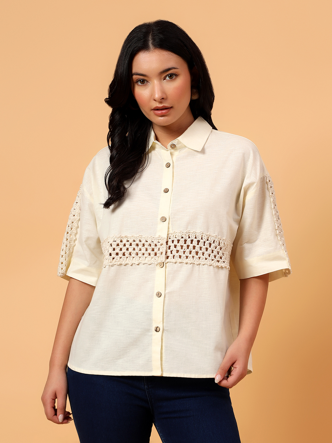 Velvery Crochet Half Sleeves Shirt  Off White