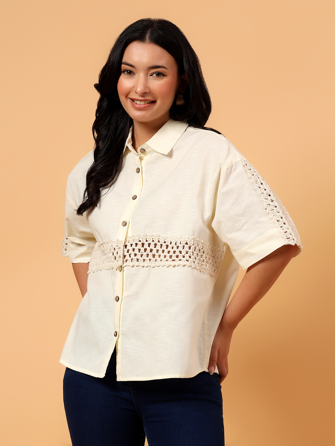Velvery Crochet Half Sleeves Shirt  Off White