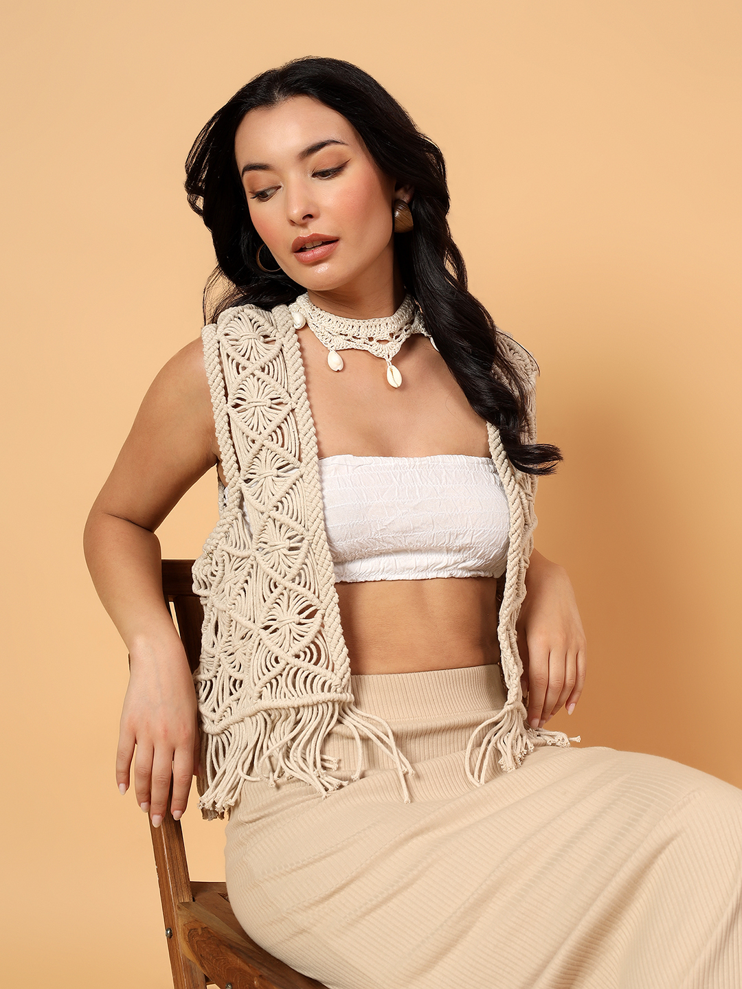 Velvery Macrame Bohemain Top  Off White