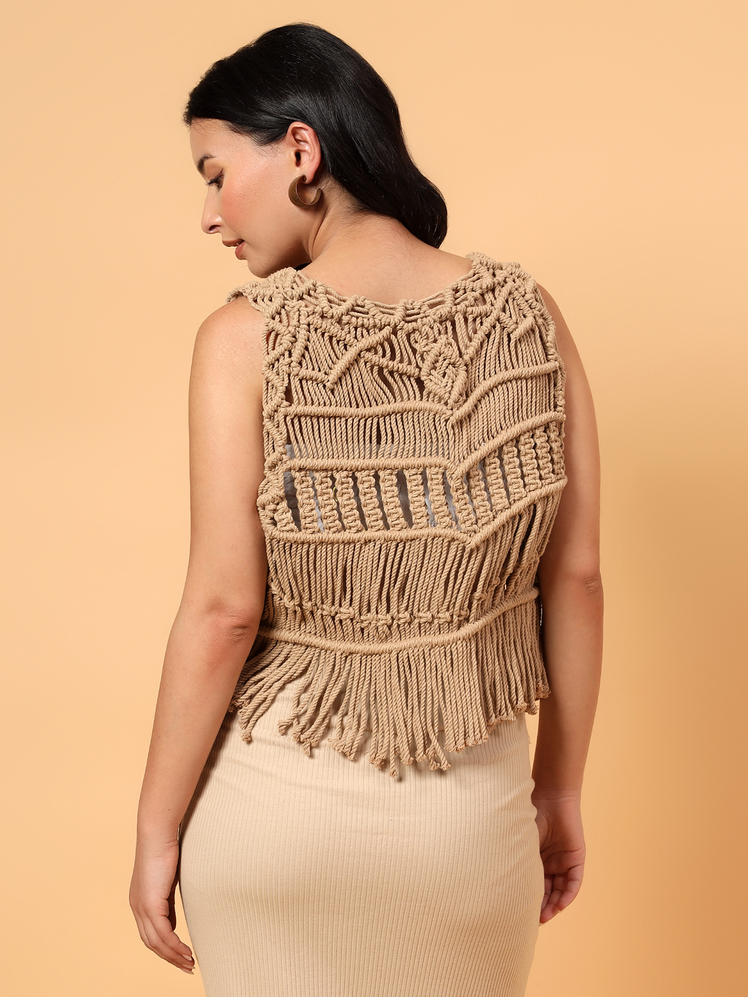 Velvery Fringes Detailed Macrame Top  Beige
