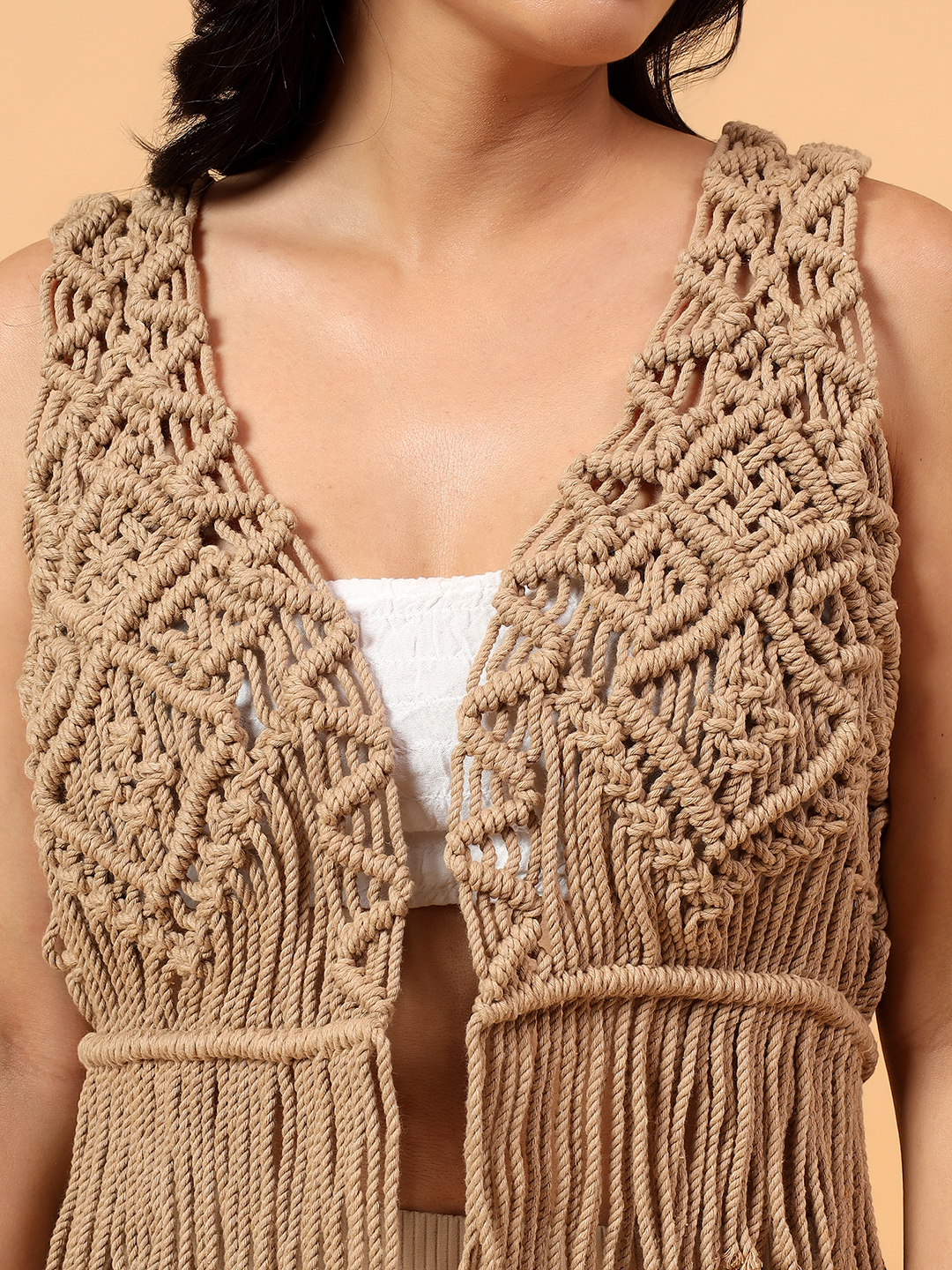 Velvery Fringes Detailed Macrame Top  Beige