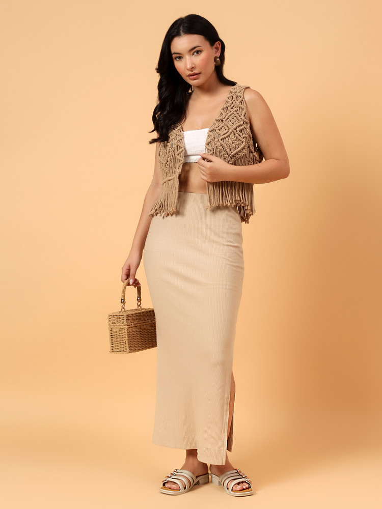 Image of Velvery Fringes Detailed Macrame Top - Beige