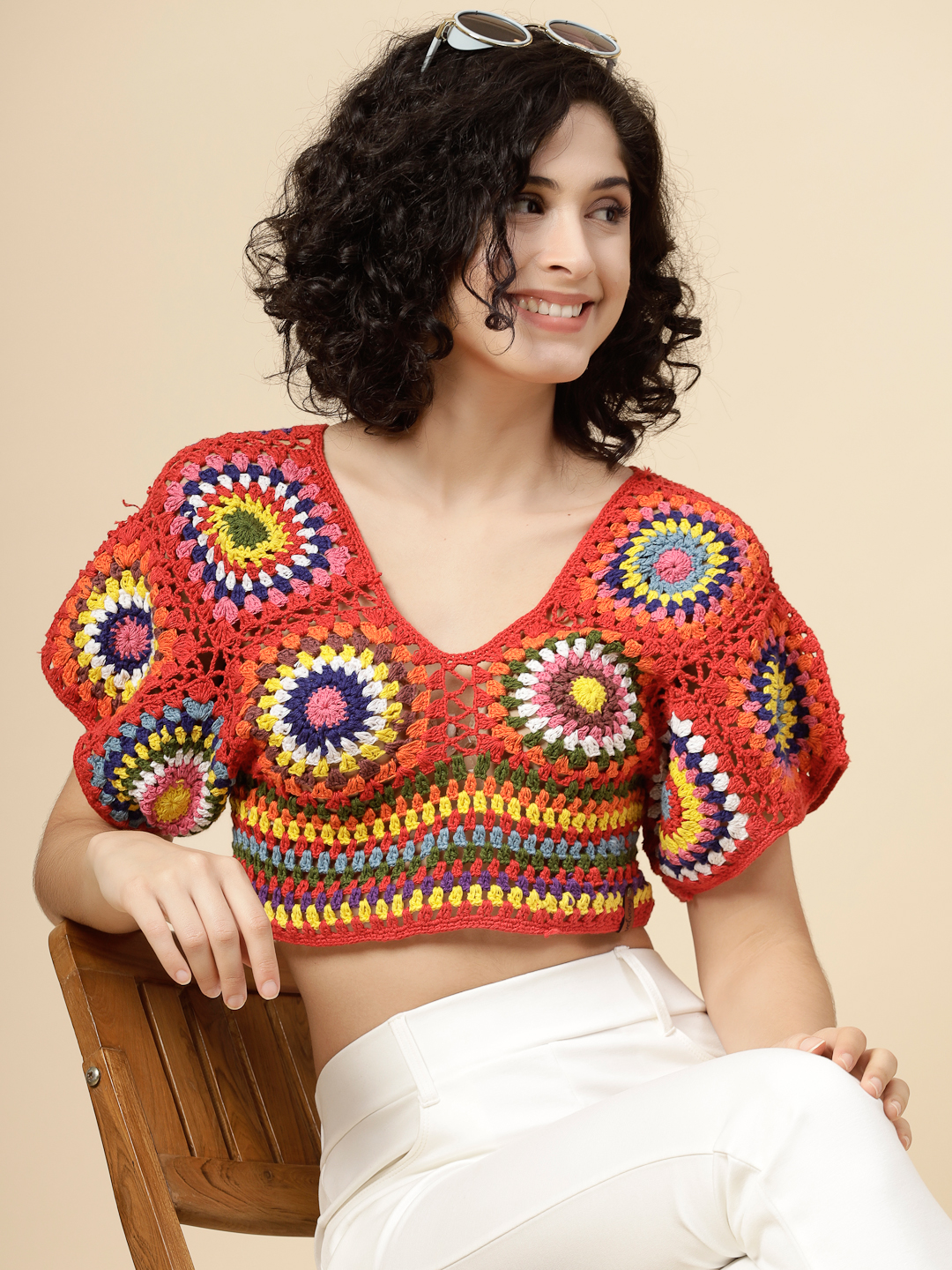 Velvery Crochet Open Knit Red Blouse