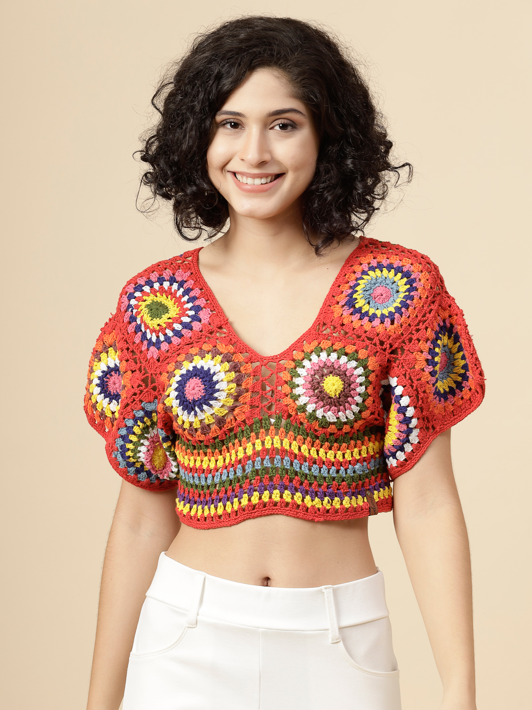 Velvery Crochet Open Knit Red Blouse