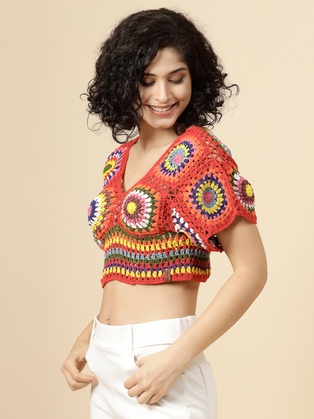 Velvery Crochet Open Knit Red Blouse