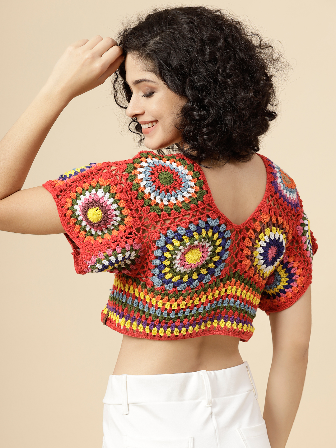 Velvery Crochet Open Knit Red Blouse