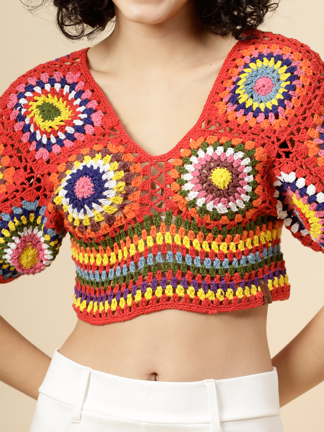 Velvery Crochet Open Knit Red Blouse