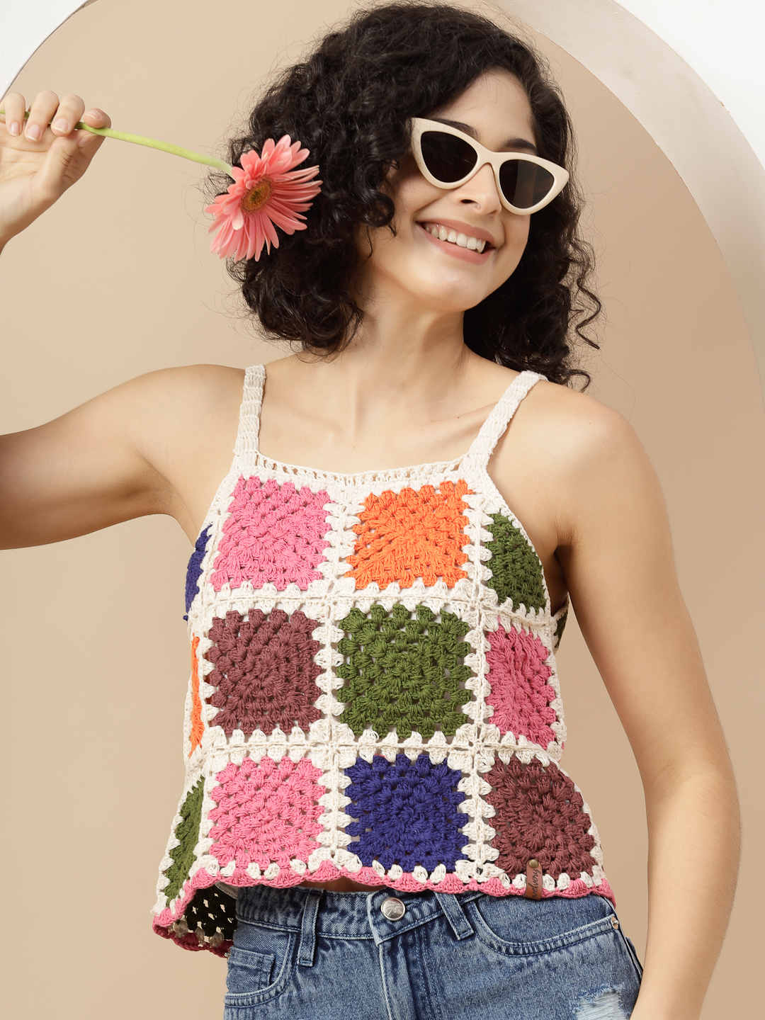 Velvery Handmade Crochet Colour Block Tank Top - Multi