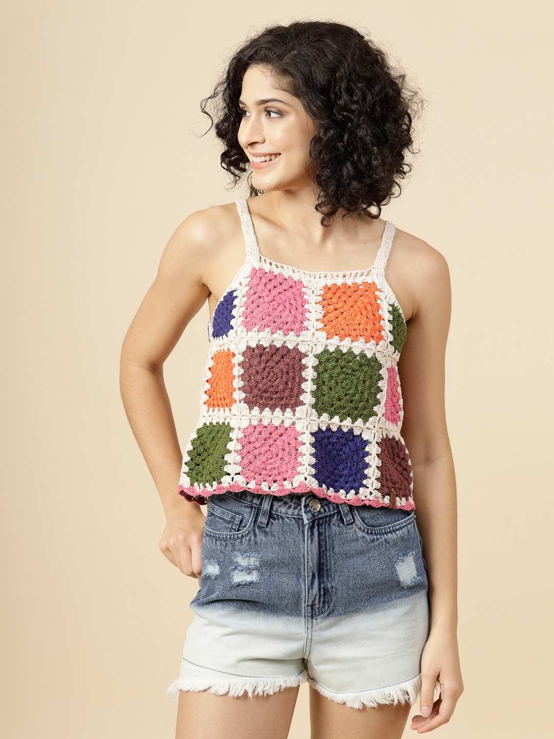 Velvery Handmade Crochet Colour Block Tank Top - Multi