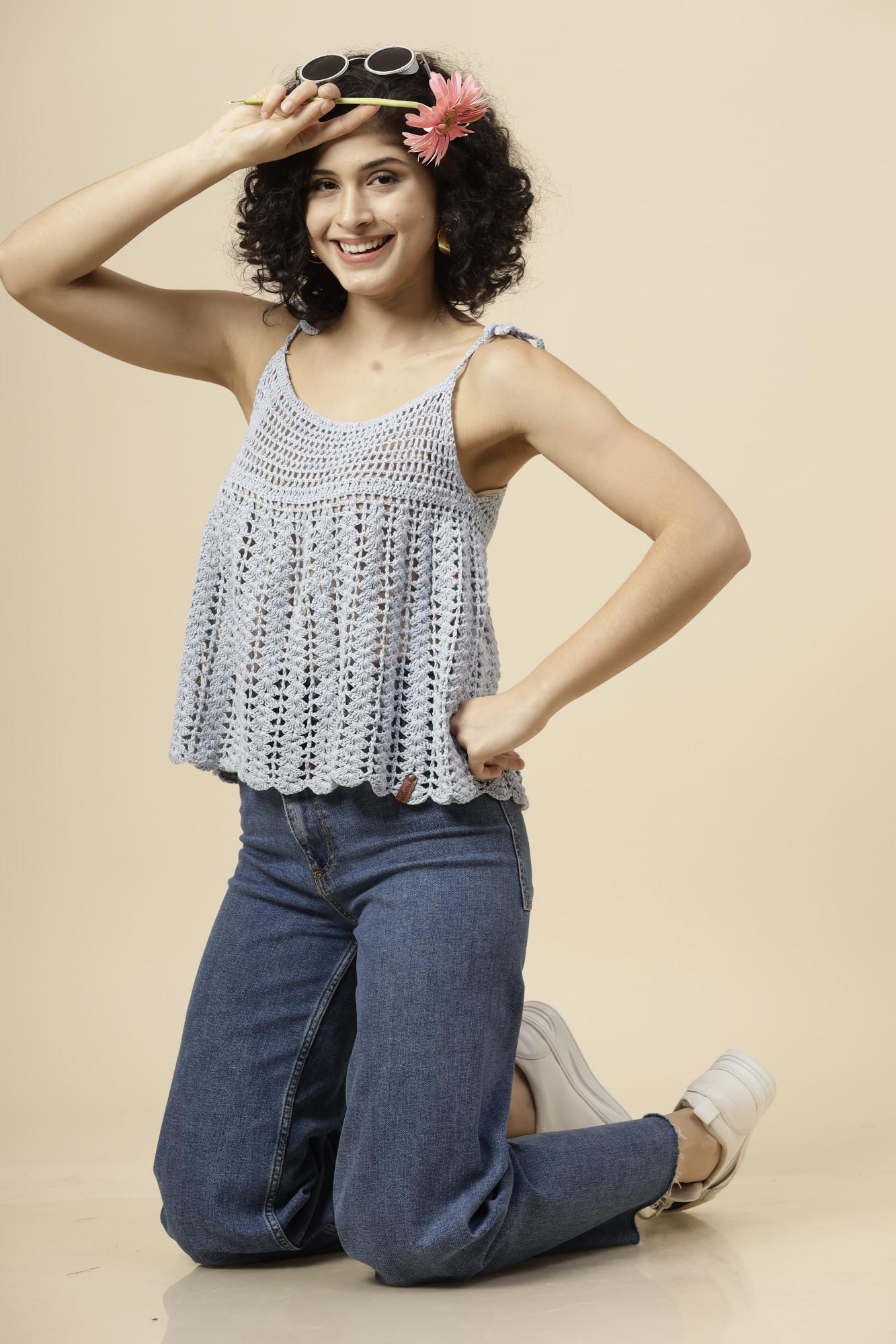 Tie Strap Summer Crochet Top with Scallop Edges - Blue