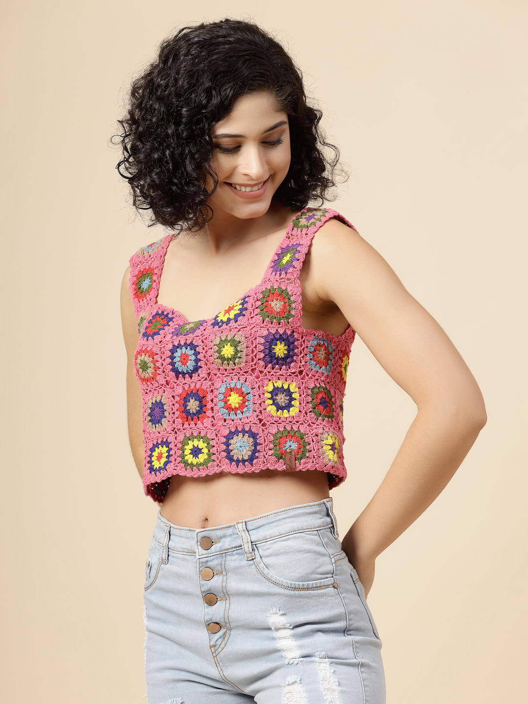Granny Square Crochet Summer Crop Top - Pink