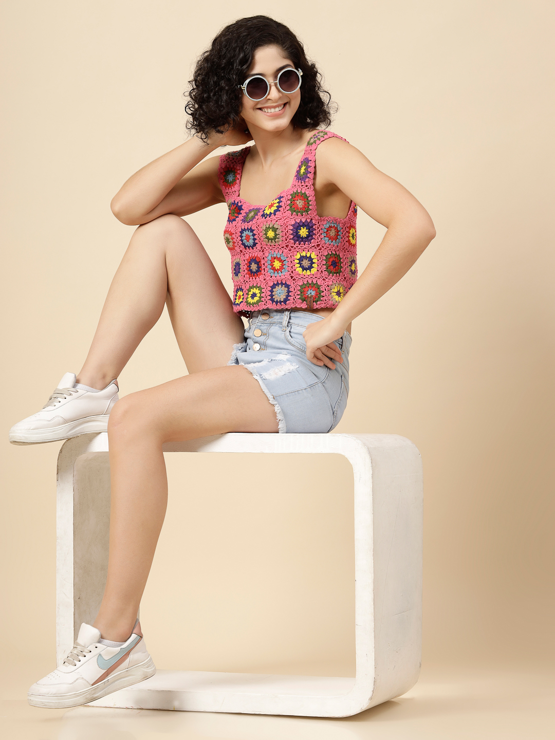 Granny Square Crochet Summer Crop Top - Pink